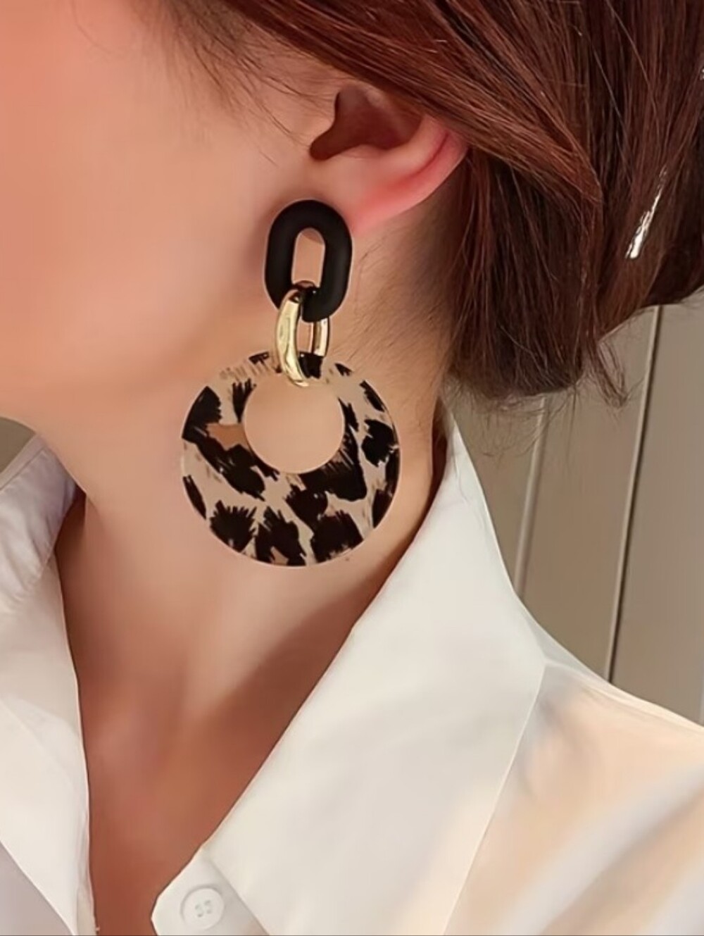 NEW! Classy Leopard Print Gold & Acrylic Hoop Drop Post Earrings - Black & Cream